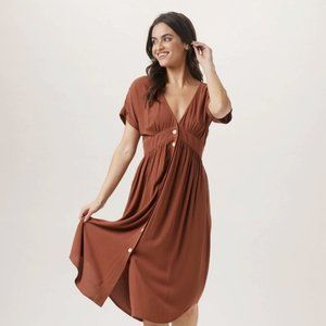 Deep V Button Midi Dress Rust